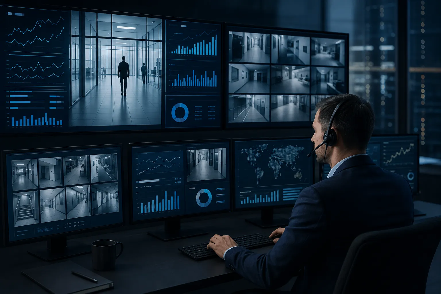 Centro de monitoreo de seguridad con pantallas de videovigilancia