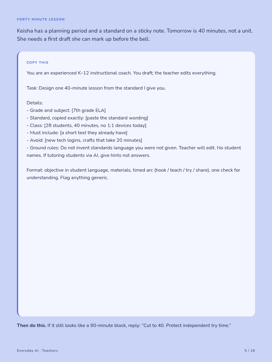 A page inside AI for Teachers: Forty minute lesson