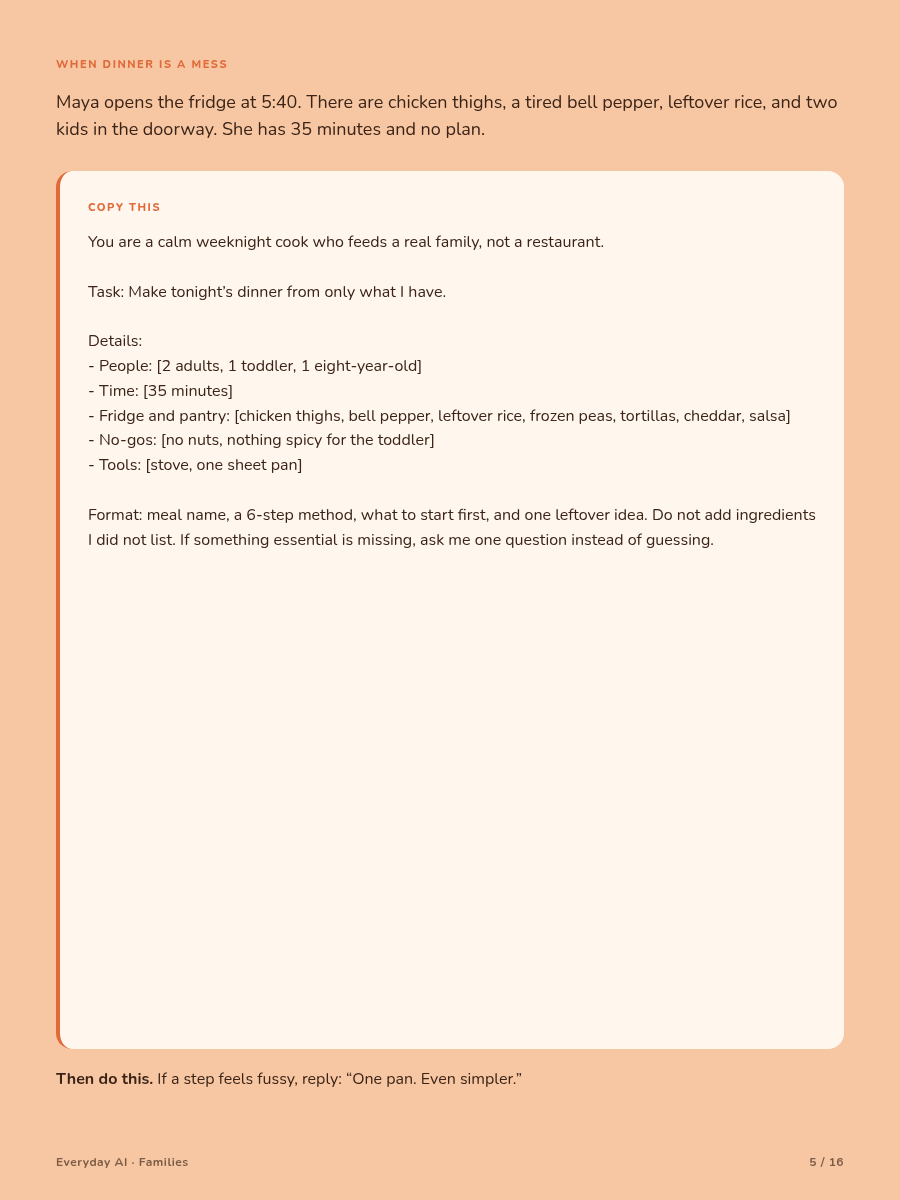 A page inside AI for Busy Families: When dinner is a mess