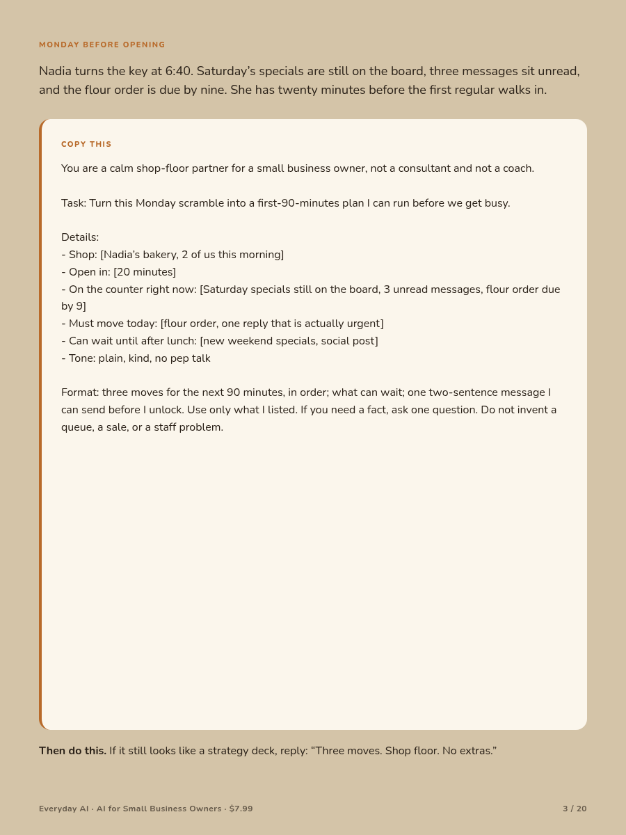 A page inside AI for Small Business Owners: Monday before opening