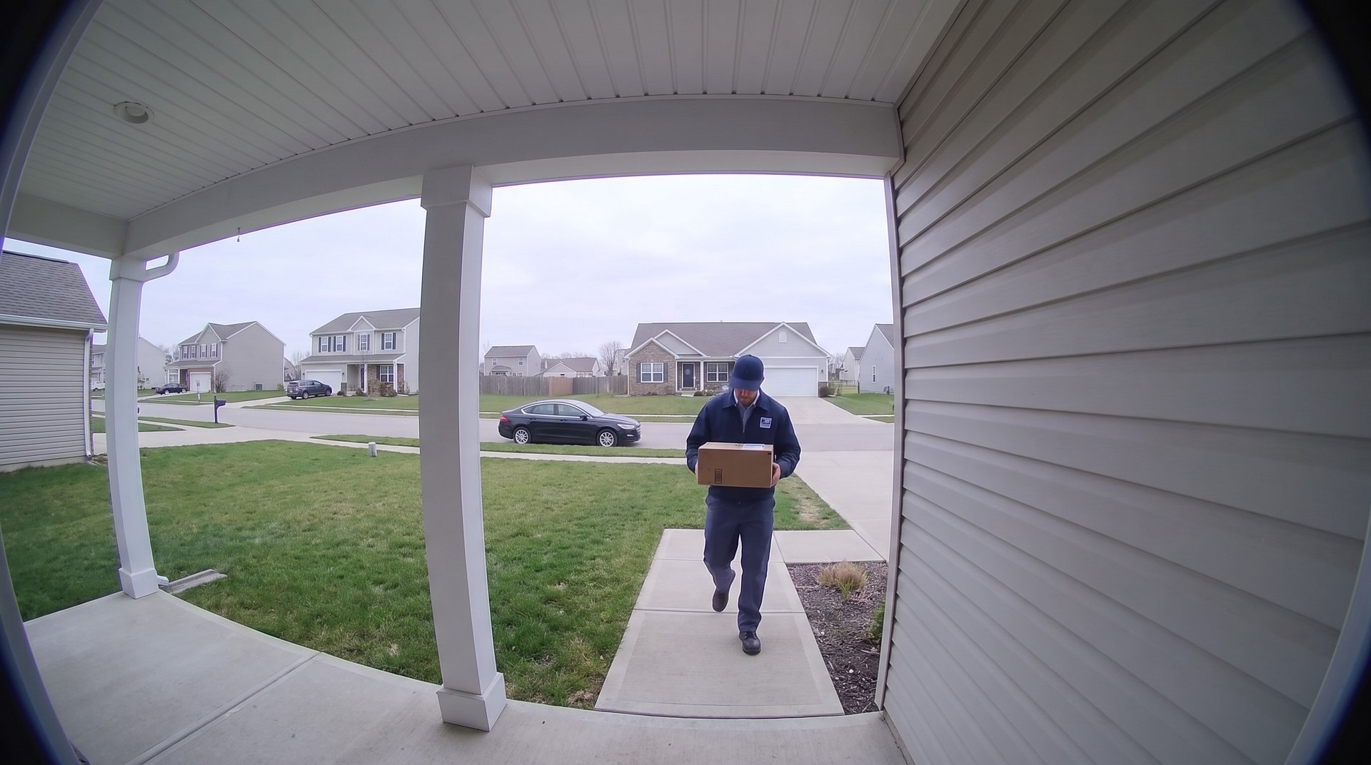 Doorbell camera view of a courier walking up the front path carrying a box