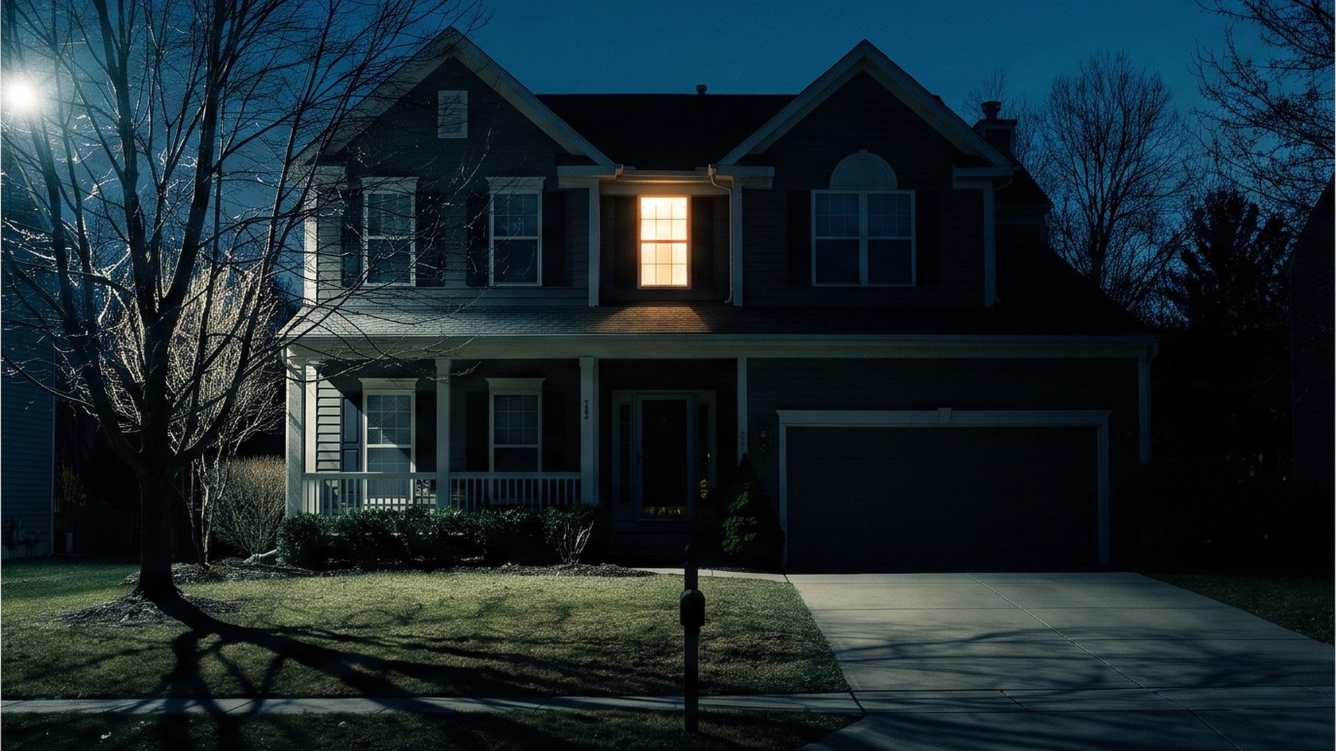 Dark suburban house at night with one upstairs window lit