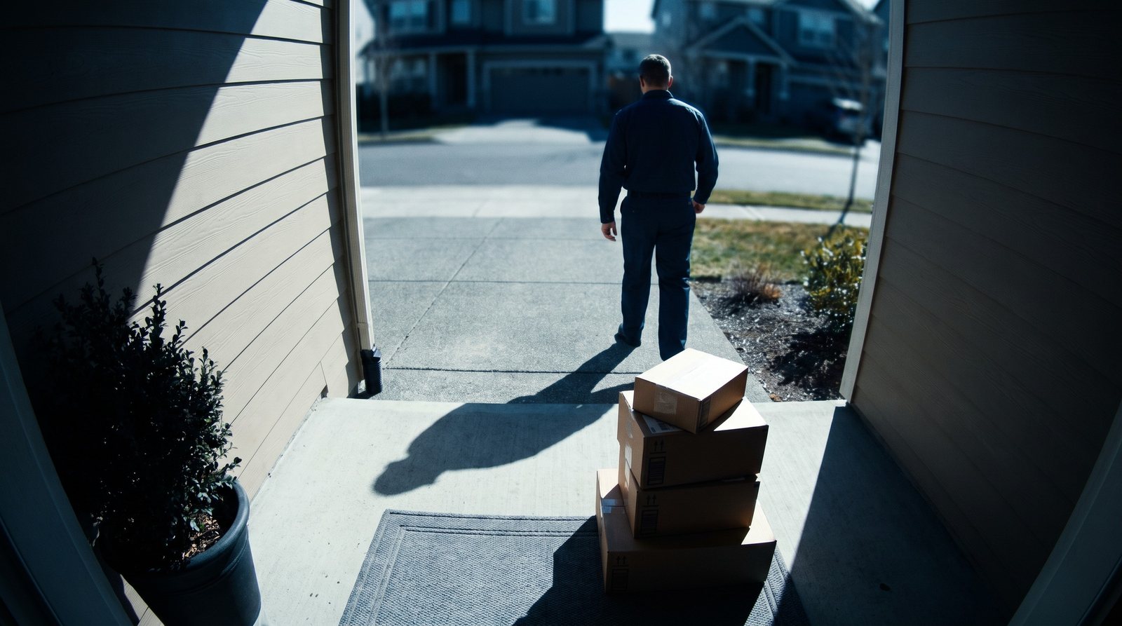 Doorbell camera view of boxes left on a doorstep as a courier walks away
