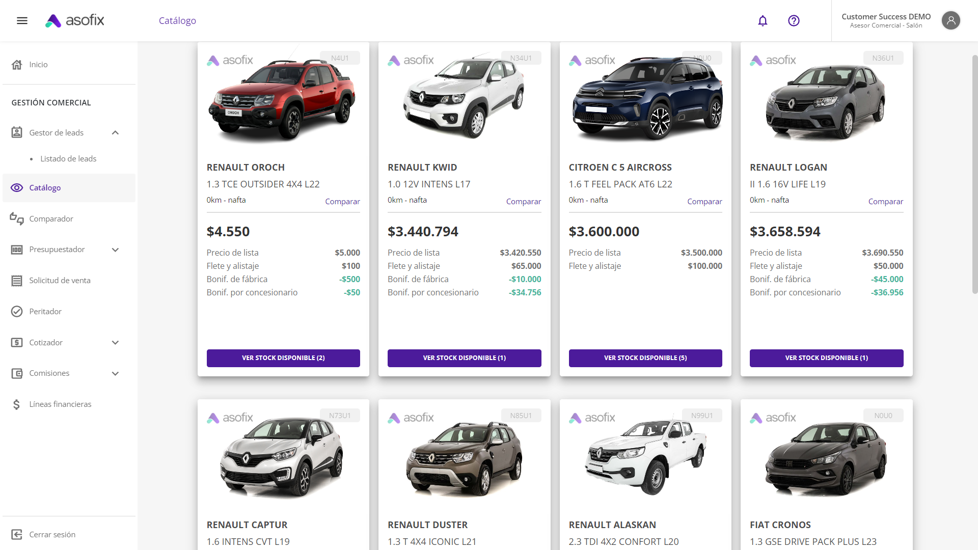 Captura del catálogo de Asofix mostrando el stock de vehículos disponibles.