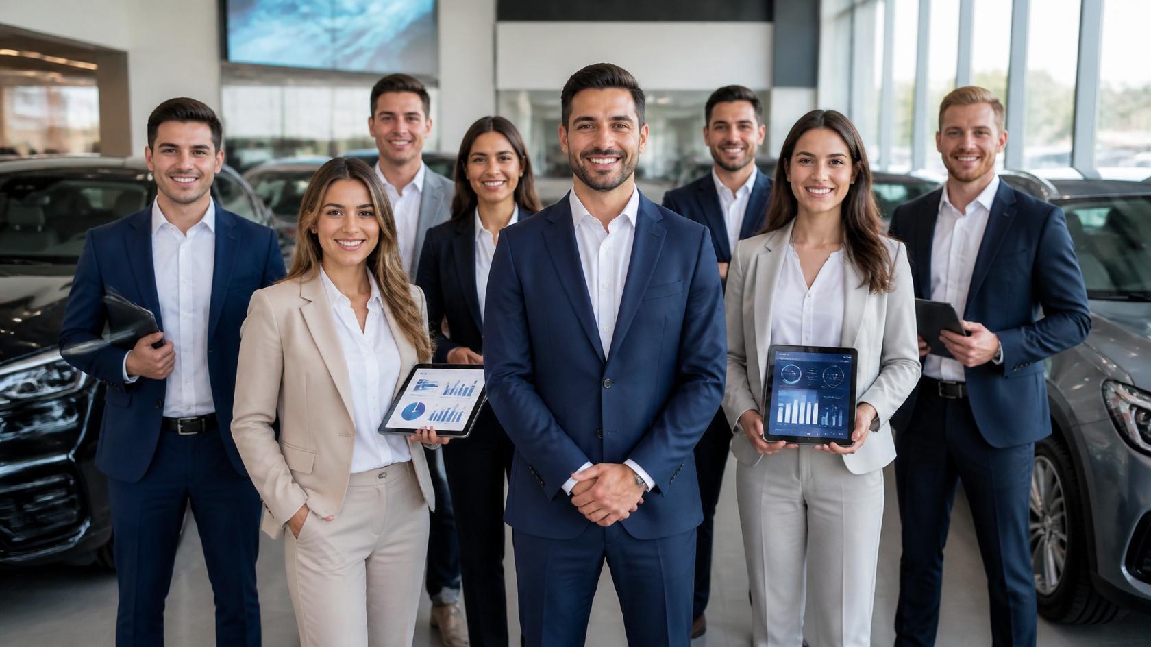 Equipo de ventas de un concesionario de autos analizando metricas comerciales