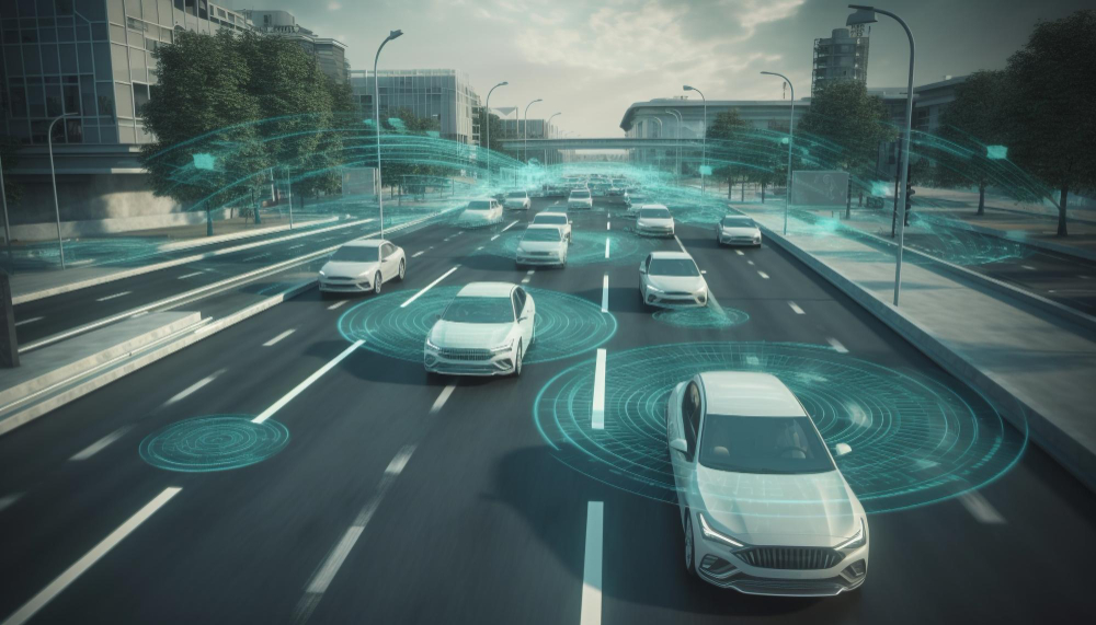 Autos a toda velocidad en una ciudad moderna, imagen generada con IA representando el impacto de la inteligencia artificial en la industria automotriz