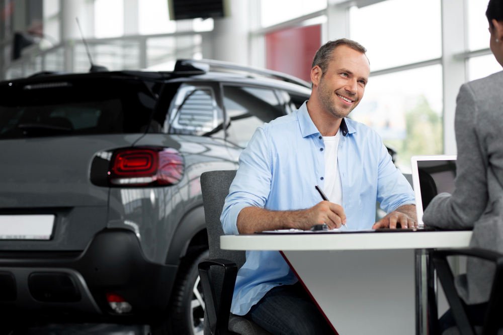 Cliente feliz cerrando una compra en un concesionario de automóviles