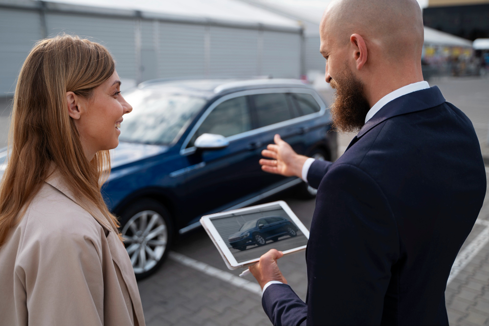 Mujer feliz firmando la compra de un auto nuevo en un concesionario