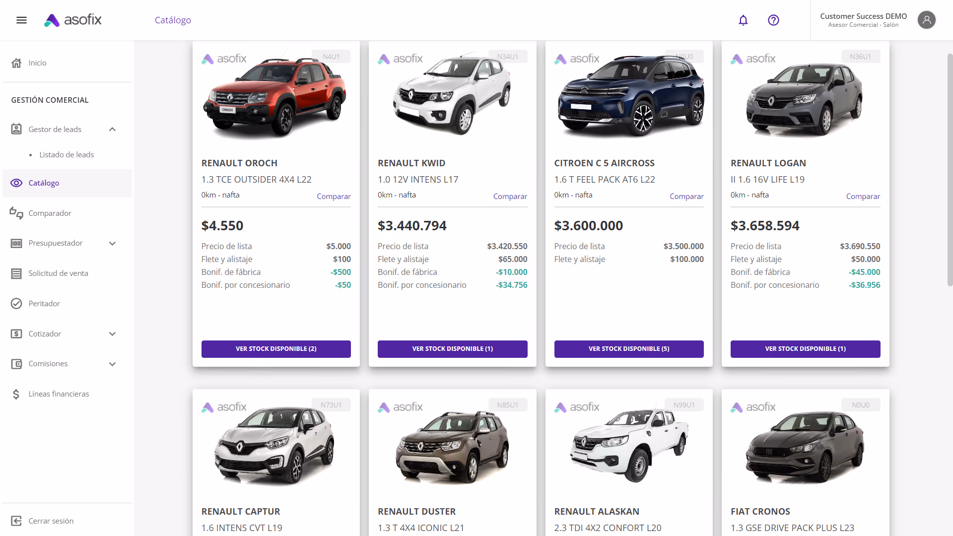 Captura del catálogo de Asofix mostrando el stock de vehículos disponibles.