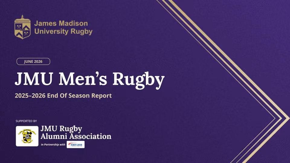 James Madison University Rugby 2025-2026 End of Season Report cover with JMU Rugby Alumni Association support mention, set on a purple background with gold accents.