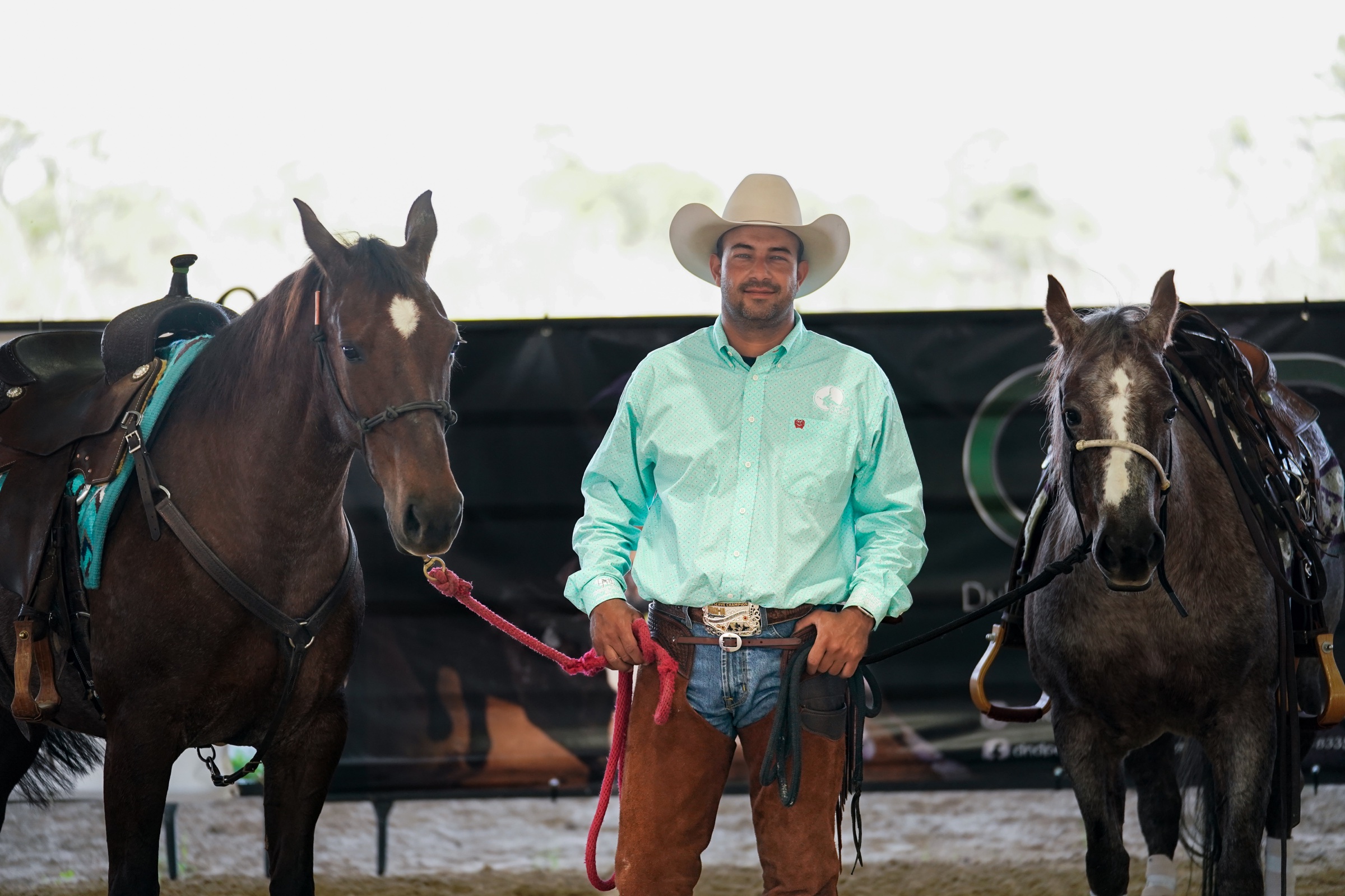 Daniel Oliveira standing between two Timber Creek performance horses