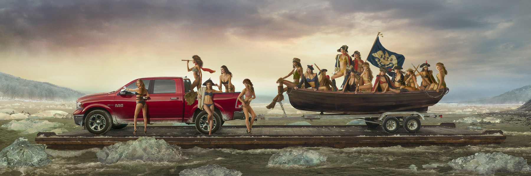 A sports illustrated swimsuit spread of women in bikinis with flag crossing the Potomac by Johnathan Wynn and The Richards Group for Dodge Ram