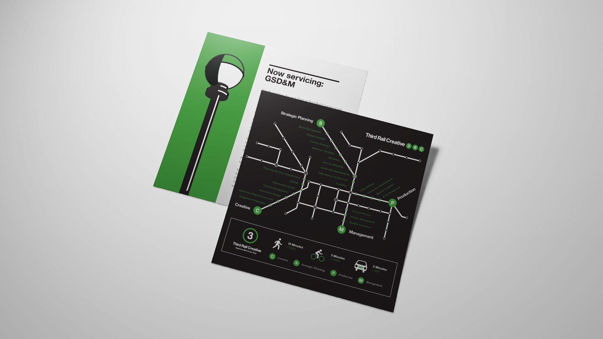 Front and back of a subway map style brochure for Third Rail Creative by Johnathan Wynn