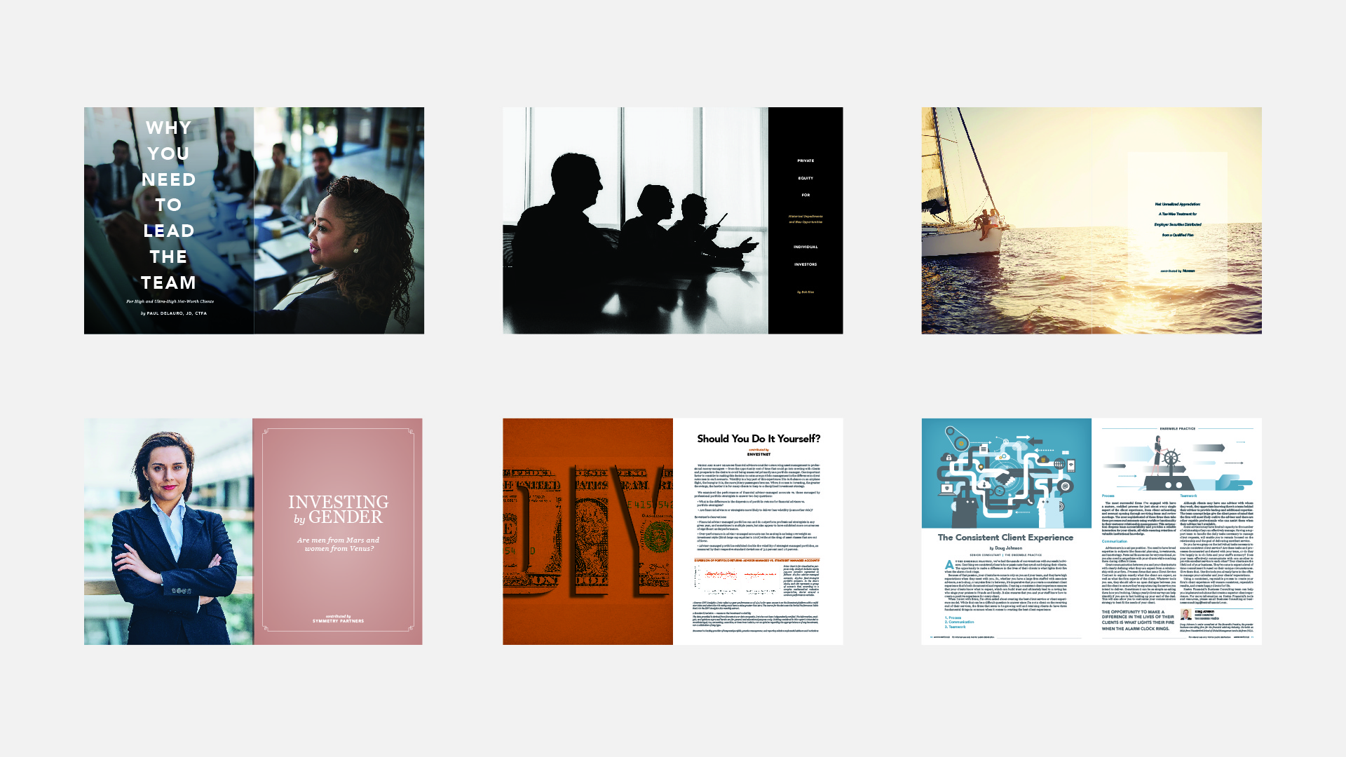 Six different article spreads showcasing the redesign of Kestra Financial’s magazine by Johnathan Wynn Design