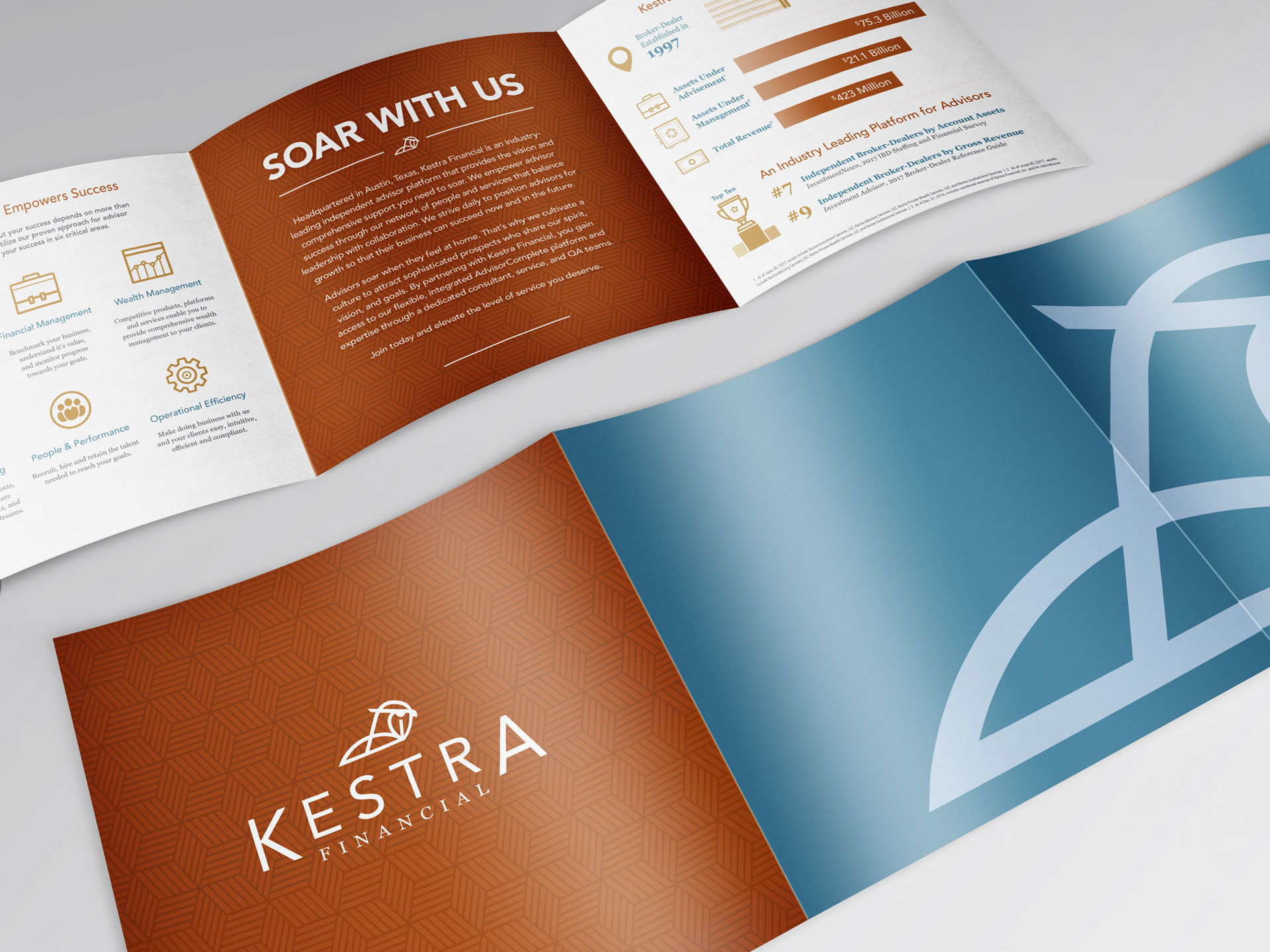 Front and back of a trifold brochure for Kestra Financial by Johnathan Wynn Design
