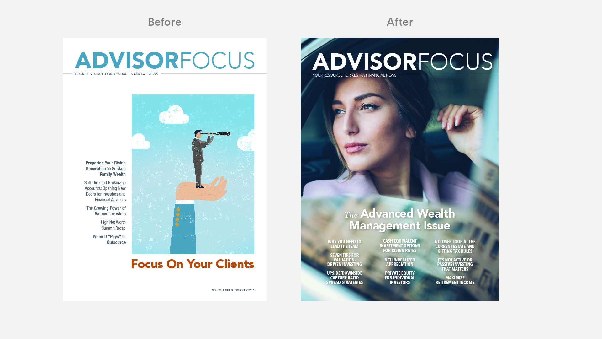 A side by side comparison showing before and after the redesign of Kestra Financial’s magazine by Johnathan Wynn Design
