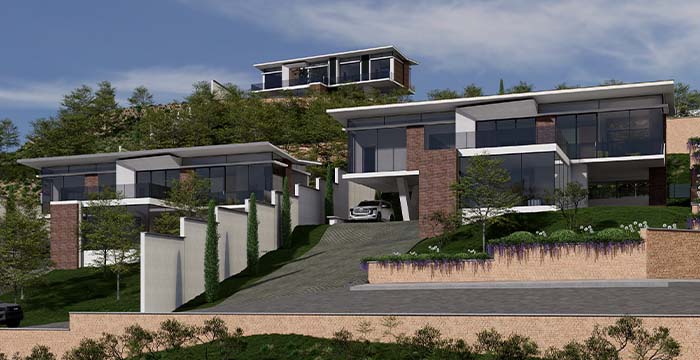 Modern architectural rendering of a hillside luxury residential community featuring three contemporary houses with large glass windows, flat roofs, brick and white panel facades, integrated garages, landscaped greenery, and a paved driveway.