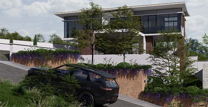 Modern two-story house with large glass windows and a flat roof, surrounded by trees and lush greenery, with a black SUV parked on a sloped driveway in front.