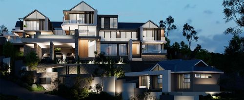 Modern multi-level house with large windows and multiple balconies illuminated by exterior lighting at dusk, surrounded by trees and landscaping.