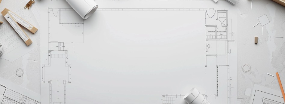 Architectural blueprints spread on a table with rolled plans, a pencil, an eraser, and a wooden ruler set nearby.