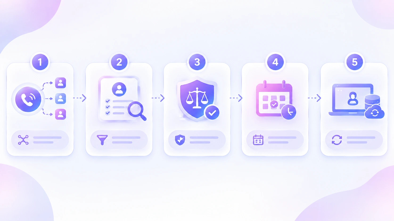Five-step process illustration for a law firm call workflow: call routing, client screening, legal compliance check, appointment scheduling, and syncing data to a cloud database.