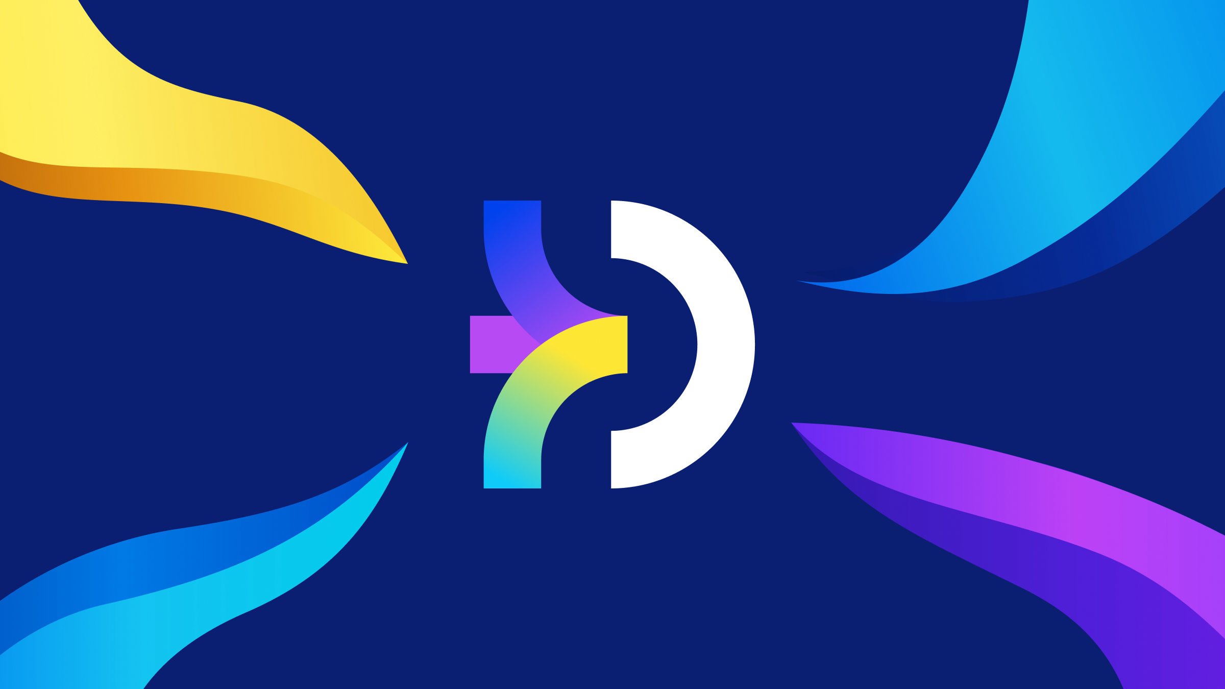 The DVN symbol surrounded by yellow, cyan, blue, and purple ribbons flowing inward on a deep-blue background.