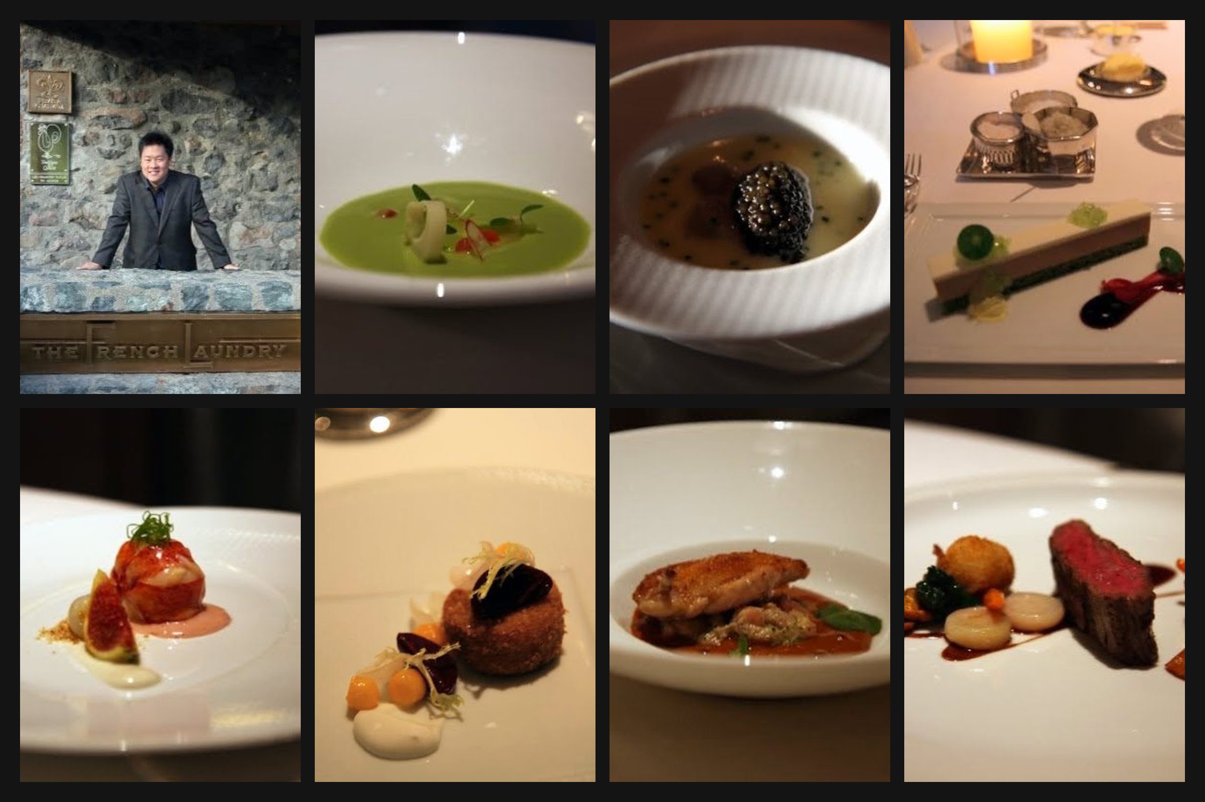 Eight small 2009 photographs arranged in a grid on a black ground: the entrance to The French Laundry and seven plated courses