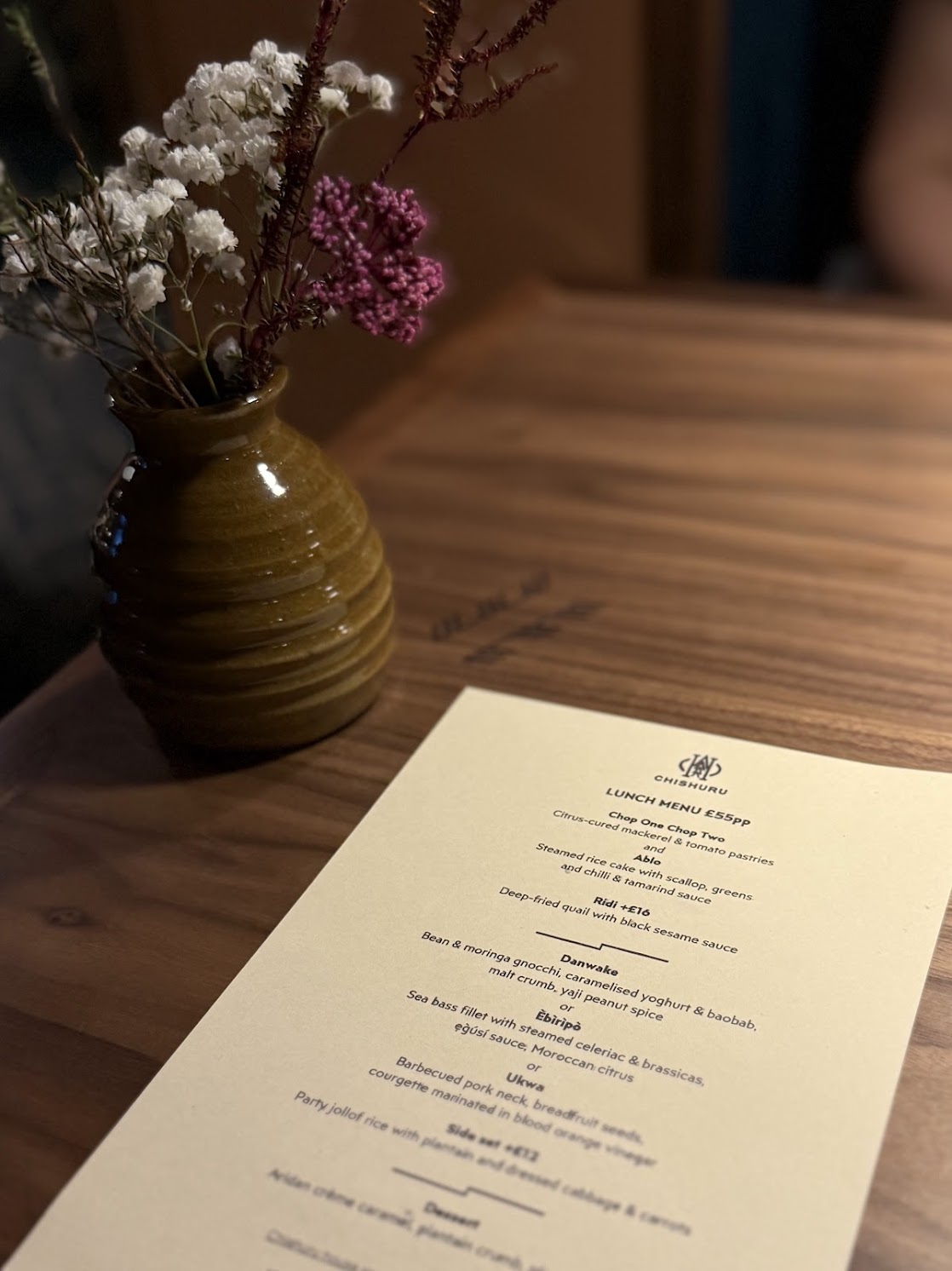 Lunch menu card at Chishuru, London