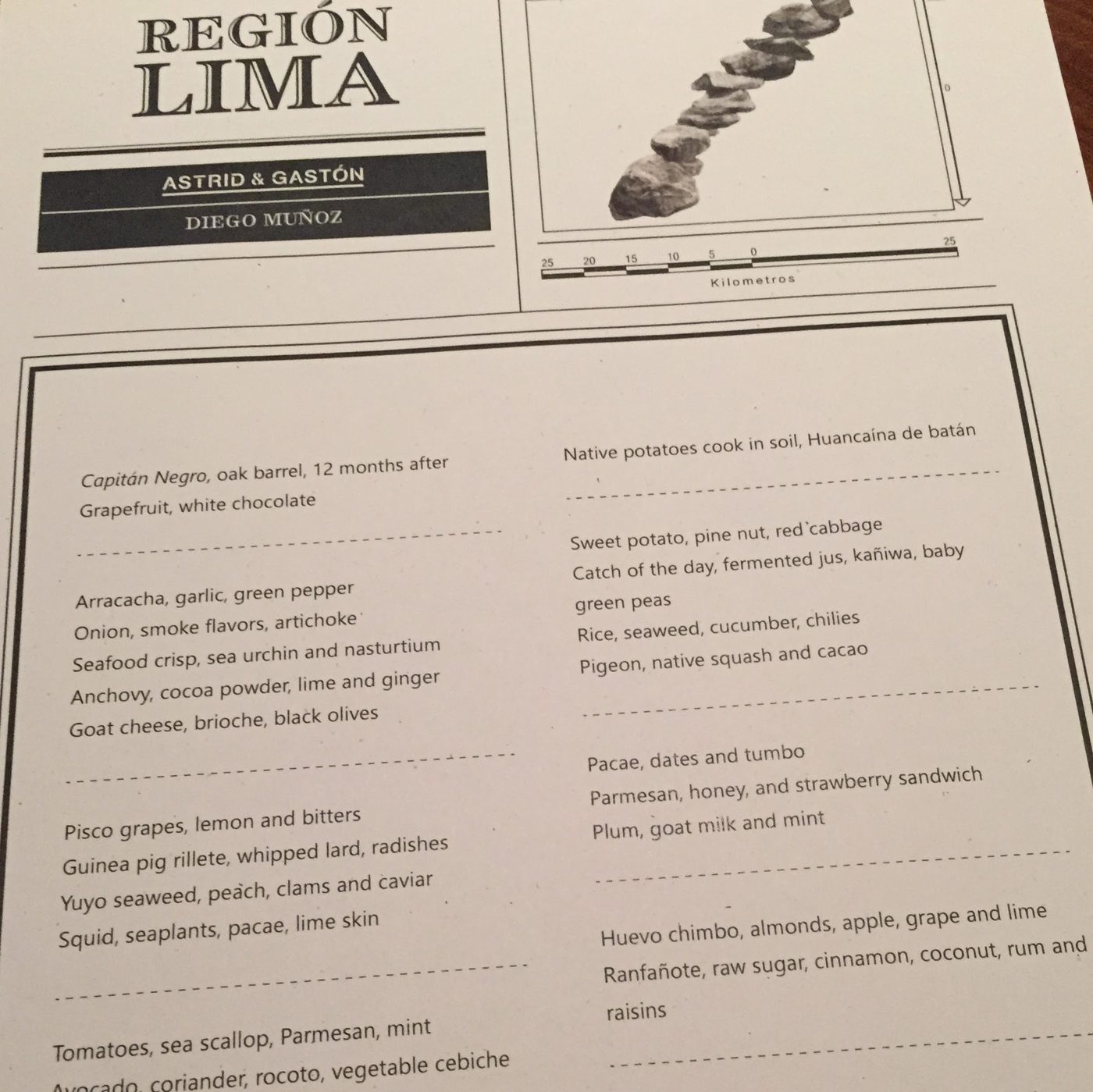 The printed Region Lima menu card, with a small elevation diagram of stones stepping from 5,750 metres down to sea level.
