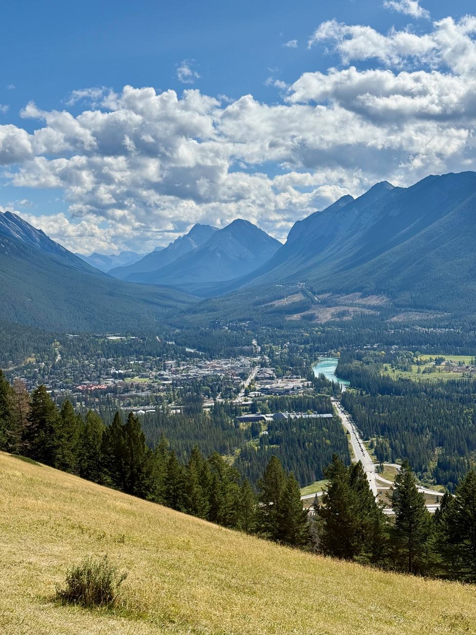 The town of Banff and the Bow valley seen from a grassy slope partway up Mount Norquay