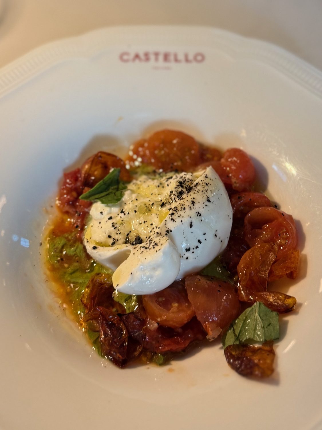 Burrata with preserved tomato and basil, on a plate marked CASTELLO