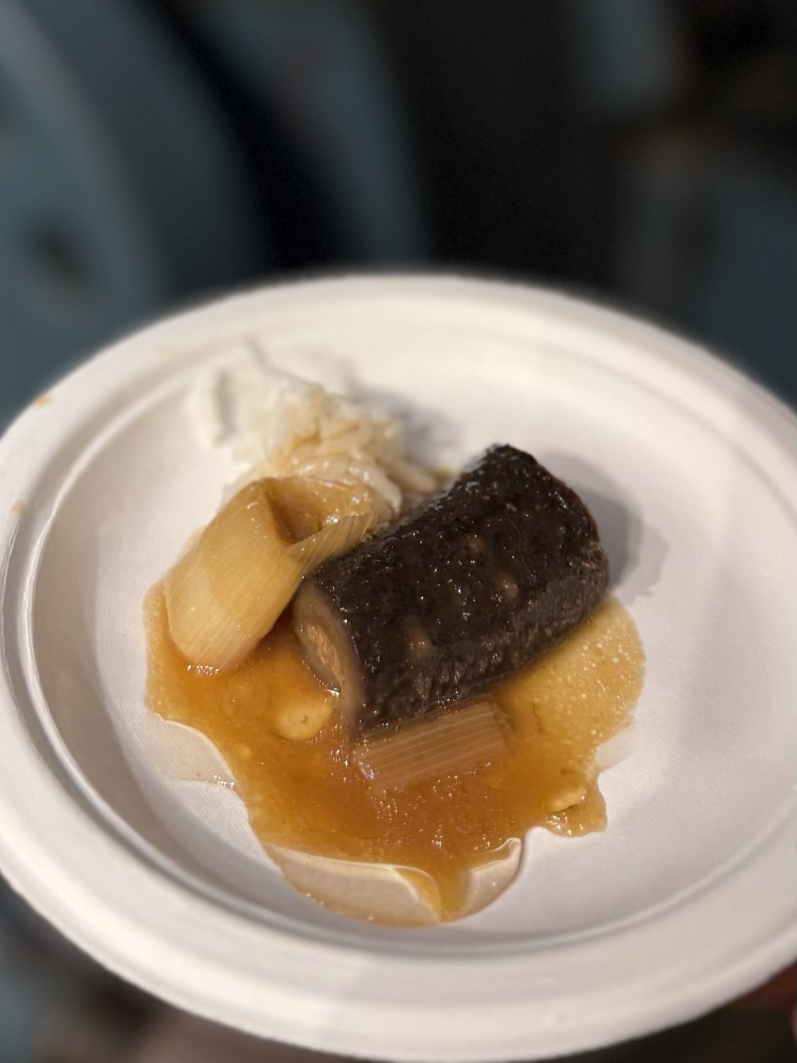A whole braised sea cucumber with soft scallions in a glossy brown sauce
