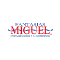 Logotipo de Fantasías Miguel con texto en azul y rojo que dice 'Fantasías Miguel Manualidades Ceremonias'.