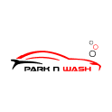 Logotipo de un servicio de lavado de autos con una silueta de coche en rojo y negro sobre un fondo blanco con el texto 'PARK N WASH'.