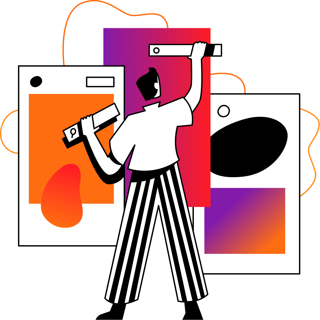 Ilustración de una persona con camisa blanca y pantalones a rayas negras y blancas sosteniendo y examinando conjuntamente dos niveles de burbuja sobre fondos abstractos naranjas, rojos y morados.