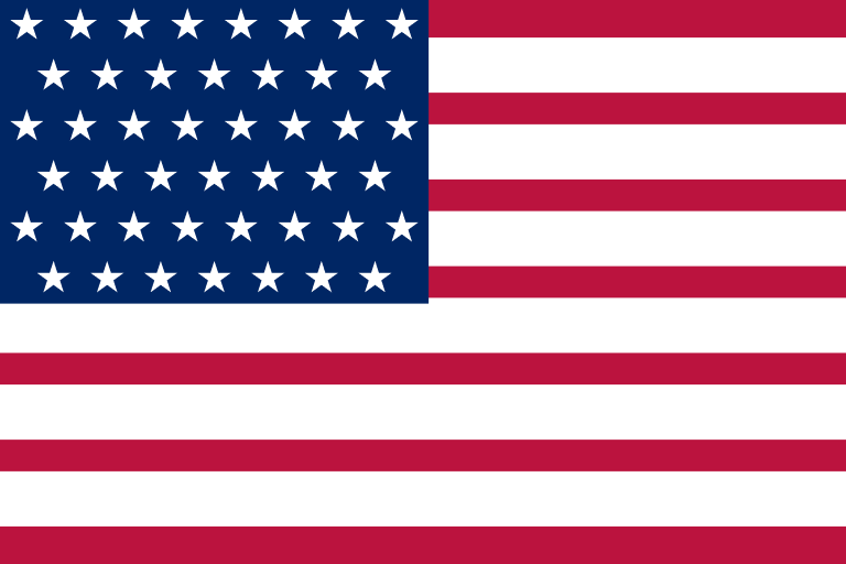Bandera de los Estados Unidos con 13 franjas rojas y blancas y un cuadro azul con 50 estrellas blancas.