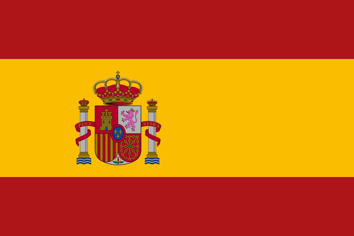 Bandera de España con franjas horizontales roja, amarilla y roja, y el escudo de armas al centro en la franja amarilla.
