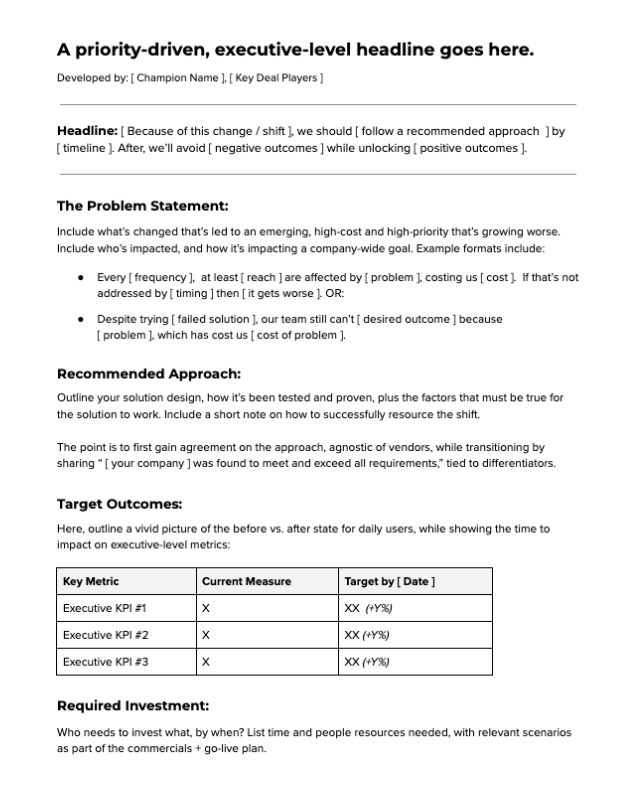 What they leave with: a one-page executive business case