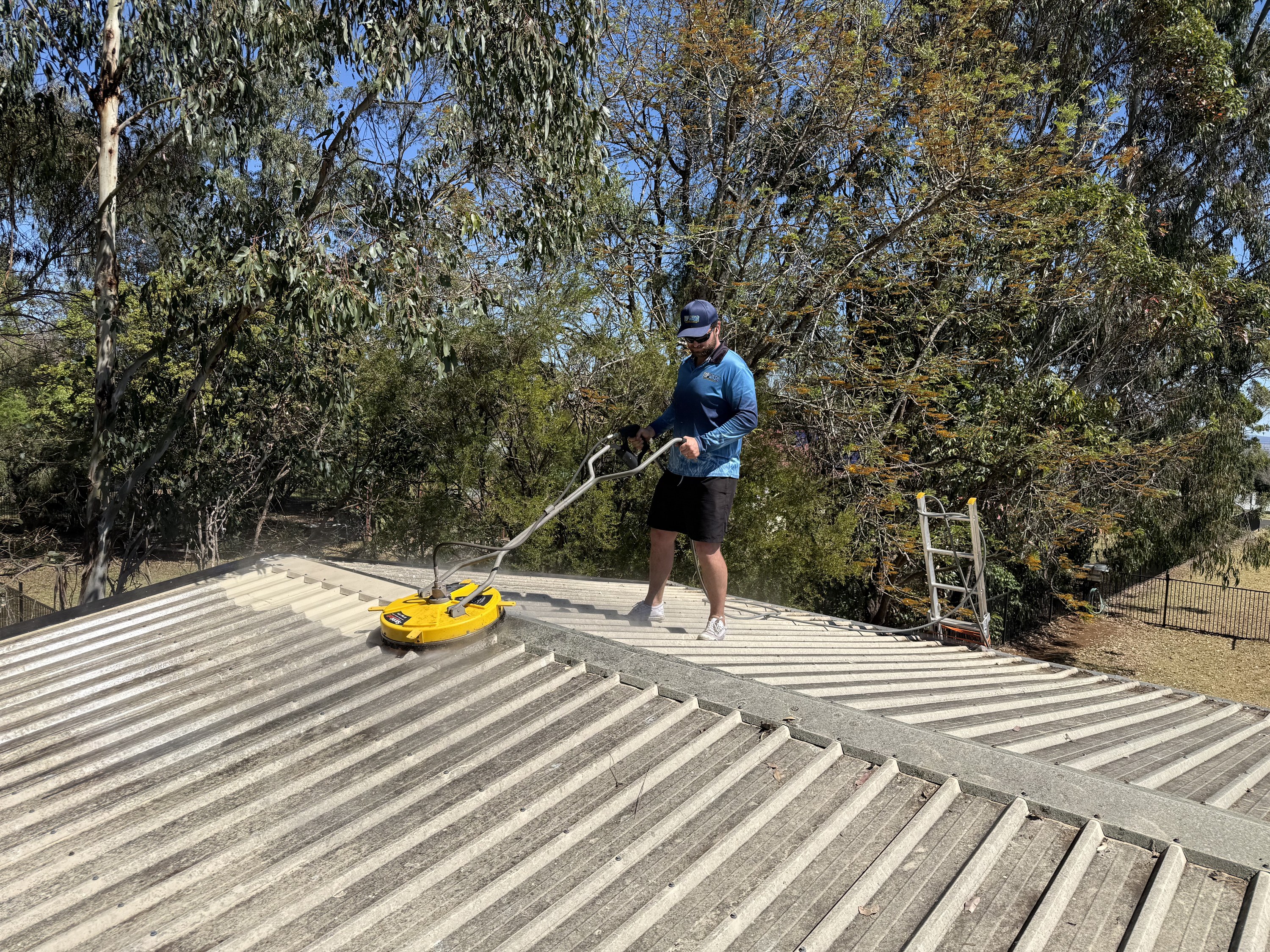 TopWash crew member roof washing a Toowoomba home, height-safe with a ladder in place
