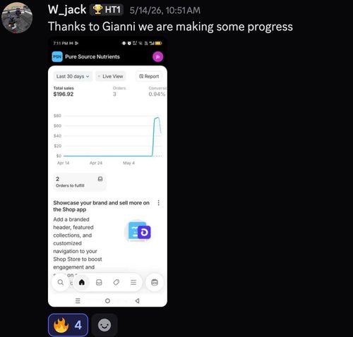 Social media post by user W_jack dated 5/14/26 at 10:51 AM stating thanks to Gianni for making progress, accompanied by a screenshot of Pure Source Nutrients sales dashboard showing total sales of $196.92, 3 orders, conversion rate of 0.94%, and a sales spike in early May with two orders to fulfill.