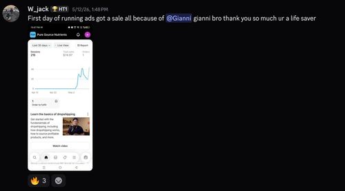 Discord message from W_jack saying first day of running ads got a sale thanks to @Gianni, with a screenshot of an ad dashboard showing 215 sessions, $74.97 total sales, and 1 order within the last 30 days.