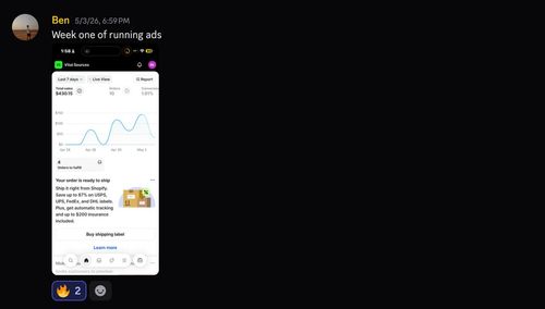 Screenshot of a message from Ben dated 5/3/26 at 6:59 PM saying 'Week one of running ads' with a sales analytics screen showing total sales of $430.15, 10 orders, and a 1.01% conversion for the last 7 days with a sales graph, and a notification that 4 orders are ready to ship including a prompt to buy shipping labels from Shopify with savings up to 87% and up to $200 insurance.