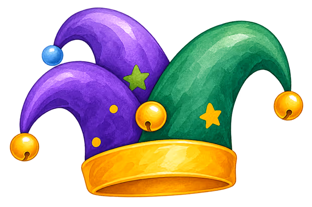Colorful jester hat with three curved points in purple and green, adorned with yellow and blue bells and yellow stars, on a yellow band.