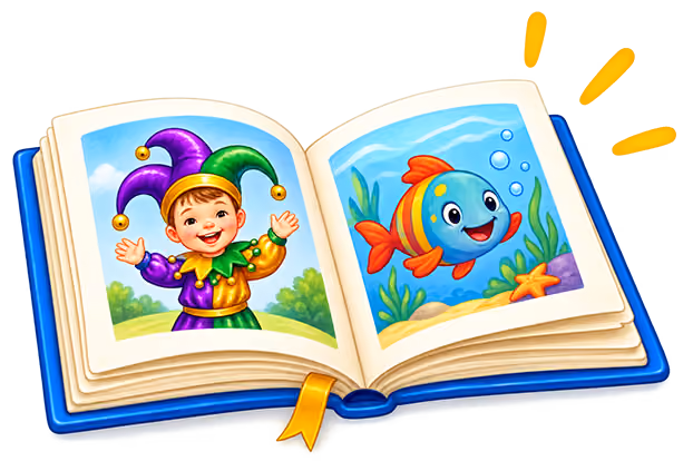 Open illustrated children's book showing a smiling jester in a colorful costume on the left page and a happy, colorful fish underwater with plants and a starfish on the right page.
