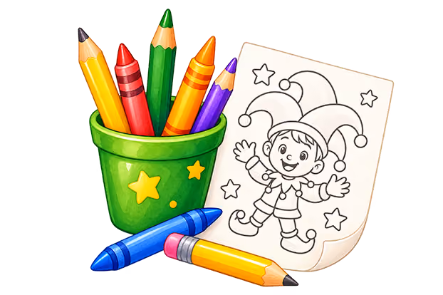 Green cup with yellow stars holding colorful pencils and crayons next to a coloring page featuring a cheerful jester with a pointed hat and stars around.