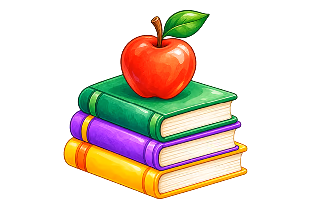 A red apple with a leaf on top of a stack of three hardcover books colored green, purple, and yellow from top to bottom.
