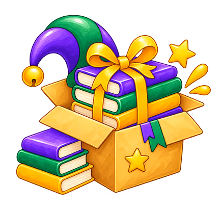 Open cardboard box filled with stacks of colorful books tied with a yellow ribbon, decorated with stars and a jester hat with bells.