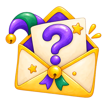 Illustration of a partially open golden envelope with a purple question mark card inside and a green and purple jester hat behind the envelope.