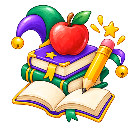 Illustration of school-related objects including a red apple, a yellow pencil, two stacked books, an open book, and a colorful jester's hat with bells and a star symbol.