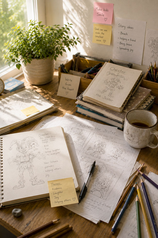 A sunlit wooden desk with sketches and notes about a character named Chester the Jester, including drawings and story ideas. Several colored pencils, notebooks, and a cup of coffee are also on the desk. Sticky notes on the wall and desk emphasize kindness, laughter, joy, and helping others.